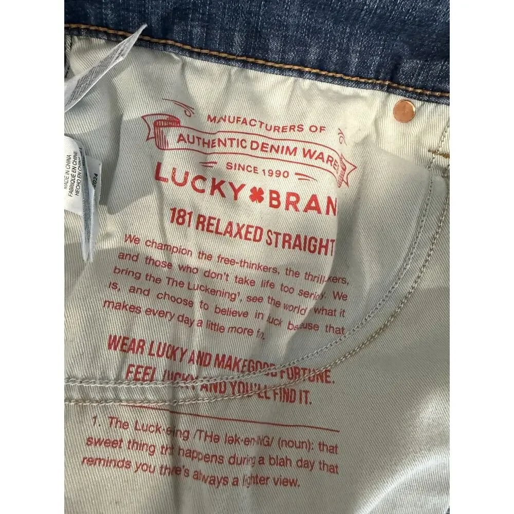 Lucky Brand 181 Relaxed Straight Jeans Mens 40x32 Blue Denim Whiskering Logo